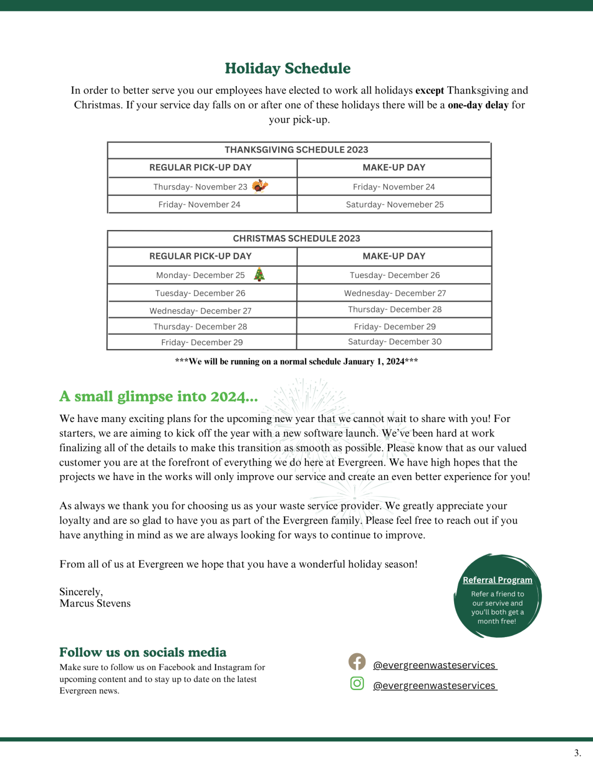 EVERGREEN ’23 FALL NEWSLETTER Evergreen Waste Services