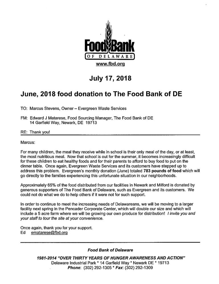 Evergreen Customers 5th Donation Evergreen Waste Services